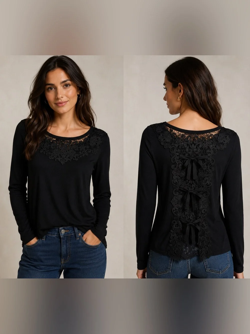 WHBM Black Knit Top Crochet‎ Lace Open Back Bow Detail Long Sleeve Sz M-Preppy